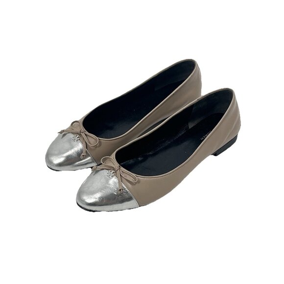 Tory Burch Cap Toe Ballet Flat Beige / Oyster Silver Metallic Sz 9 - Picture 1 of 7